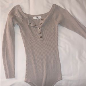 Off the shoulder tan bodysuit